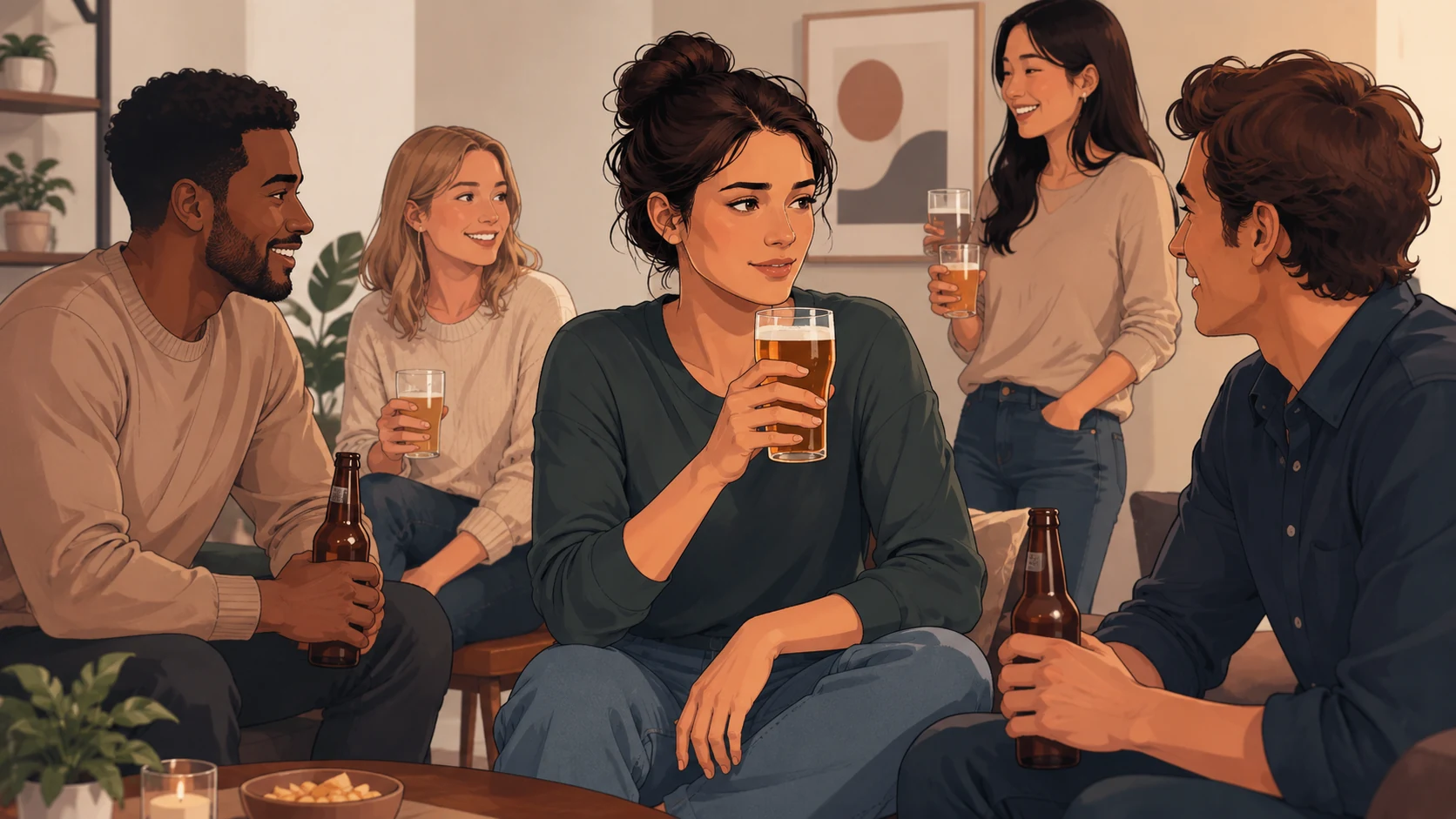 Cartoonillustratie van vrienden die samen bier drinken