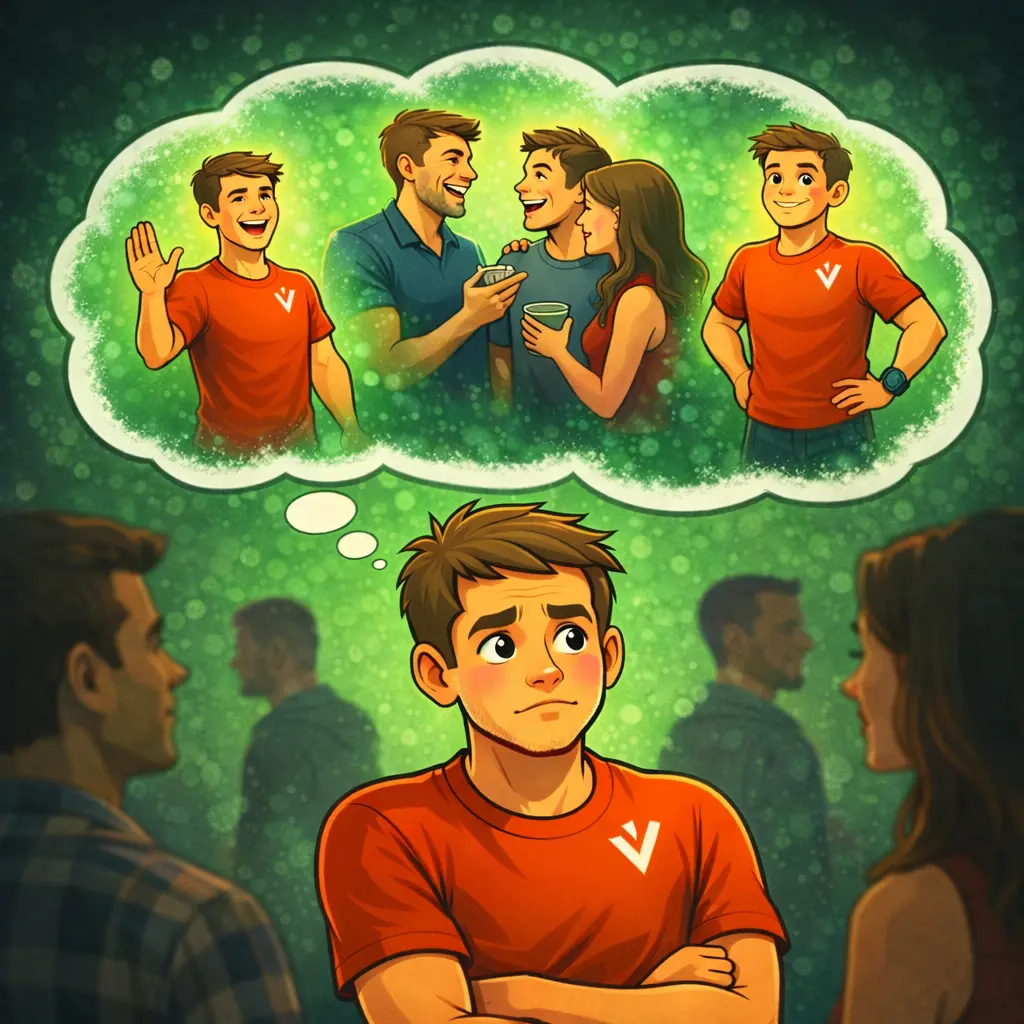 Persoon die zichzelf inhoudt in een sociale situatie terwijl hij in gedachten vrijer wil handelen