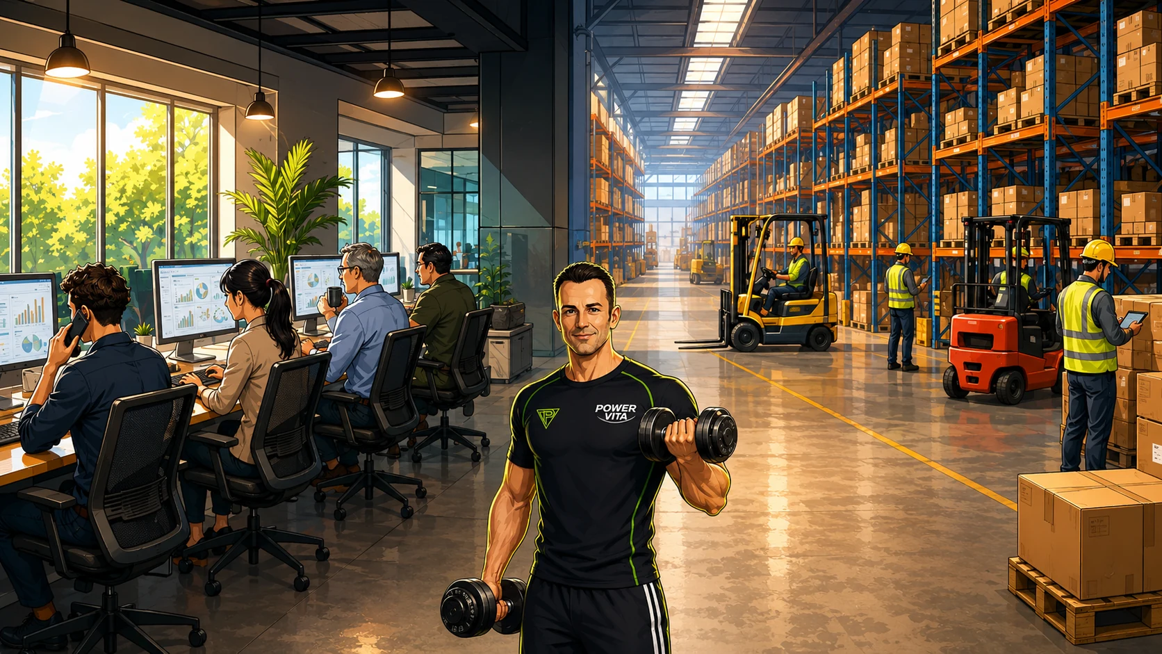 PowerVita-figuur met dumbbells tussen een kantoor- en magazijnomgeving