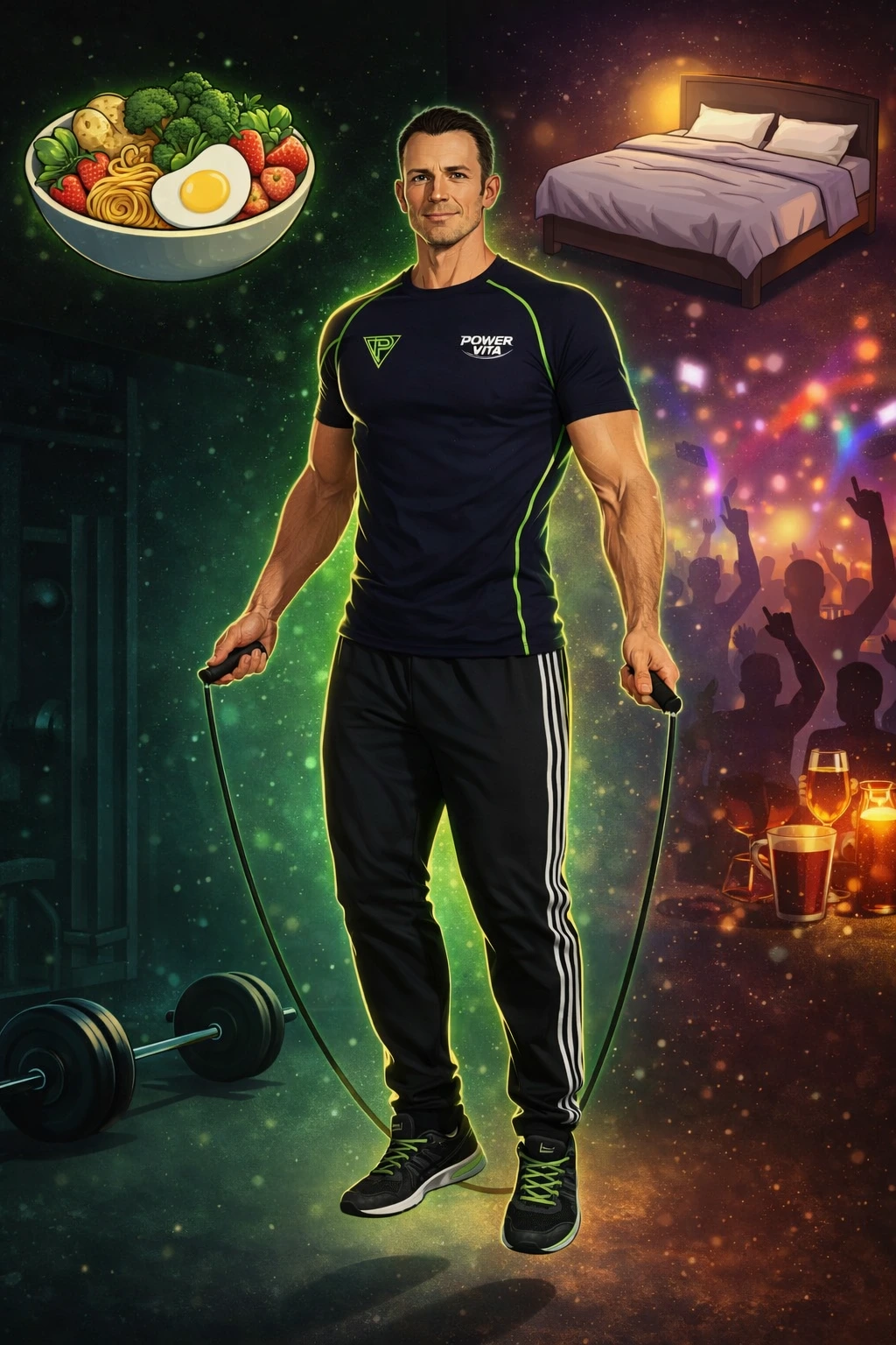 Illustration showing the power of discipline with training, nutition, sleep and lifestyle