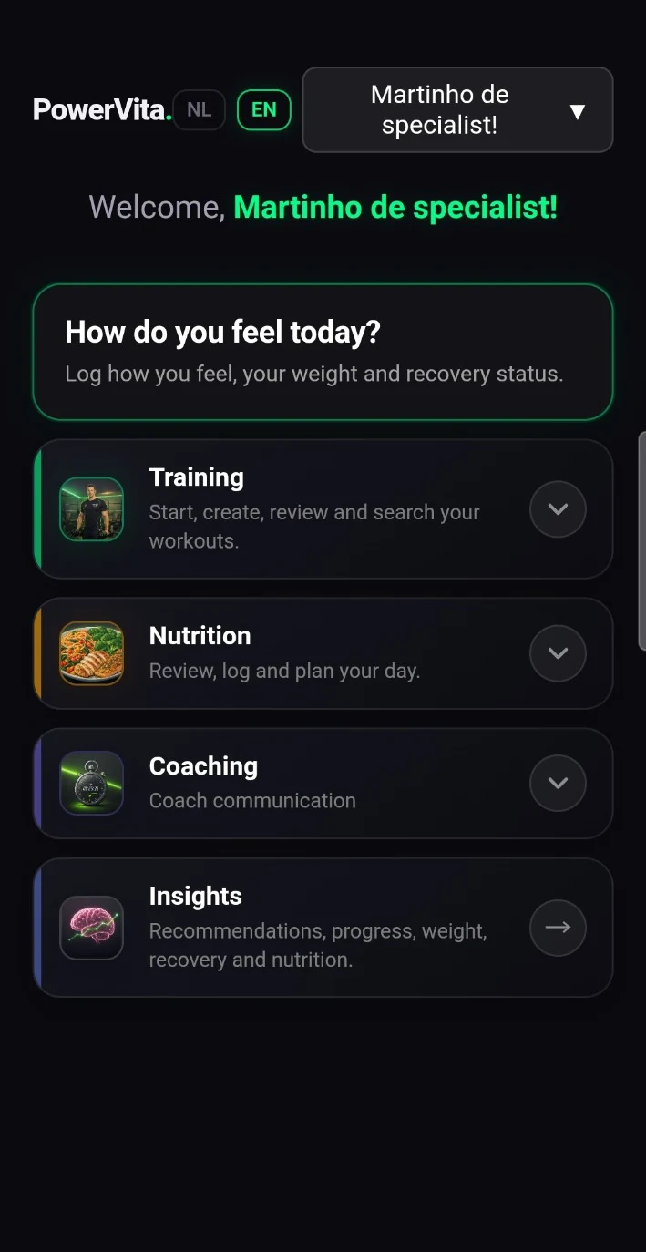 PowerVita app home dashboard