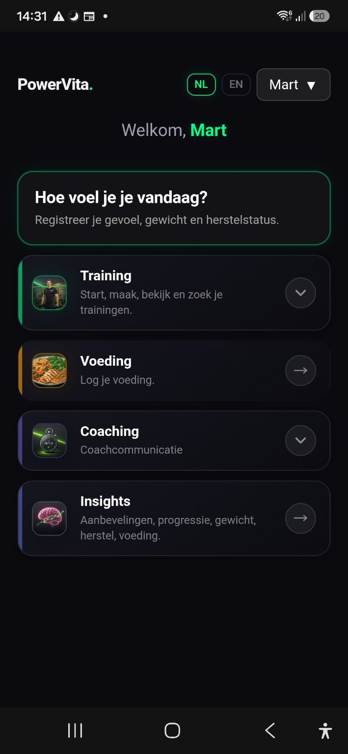 Screenshot van het PowerVita app dashboard