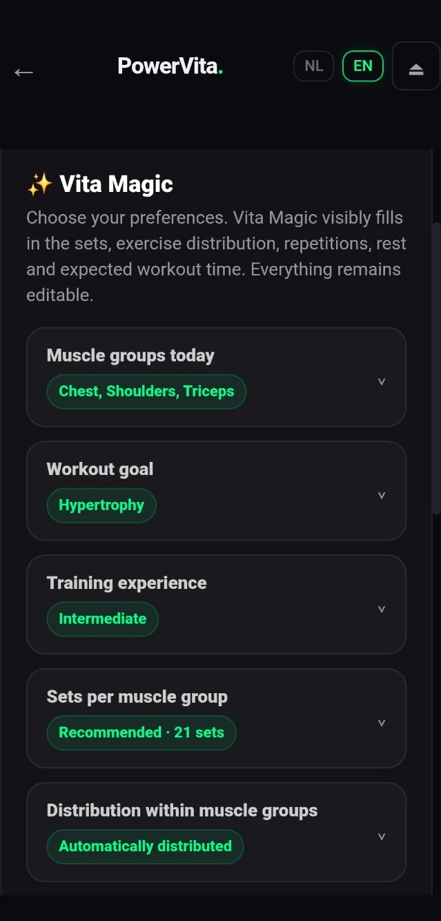 VitaMagic settings for a personal workout
