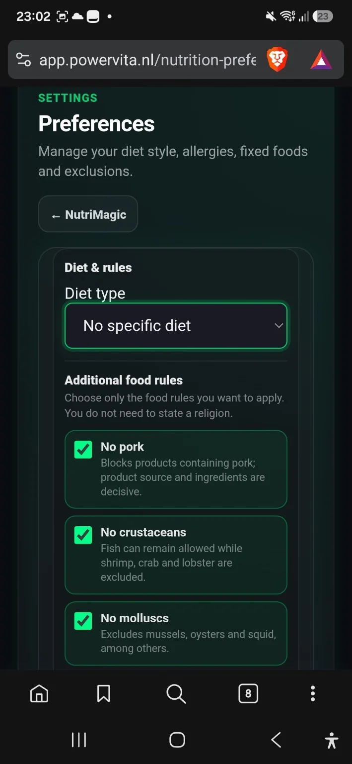 NutriMagic preferences