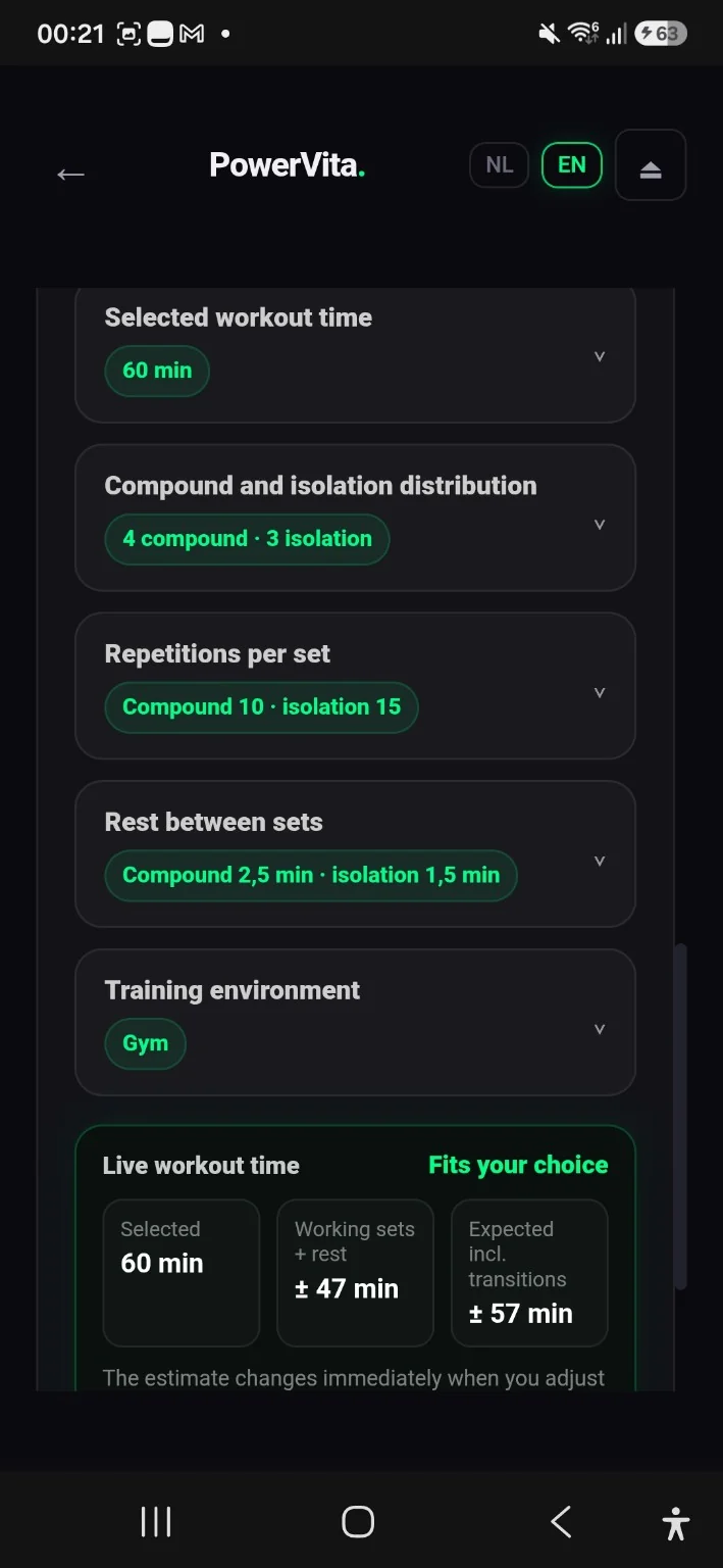 VitaMagic detailed workout settings