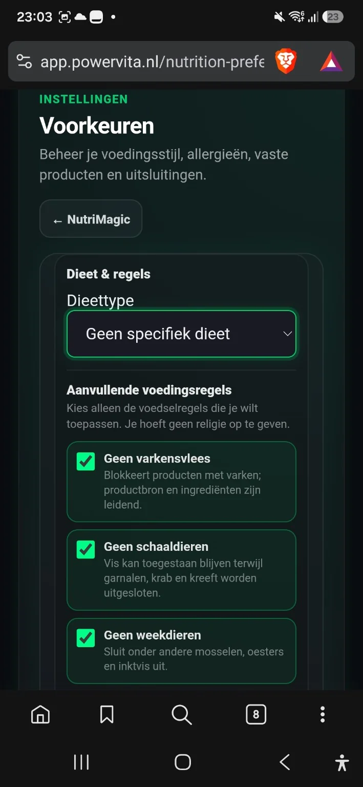 NutriMagic preferences
