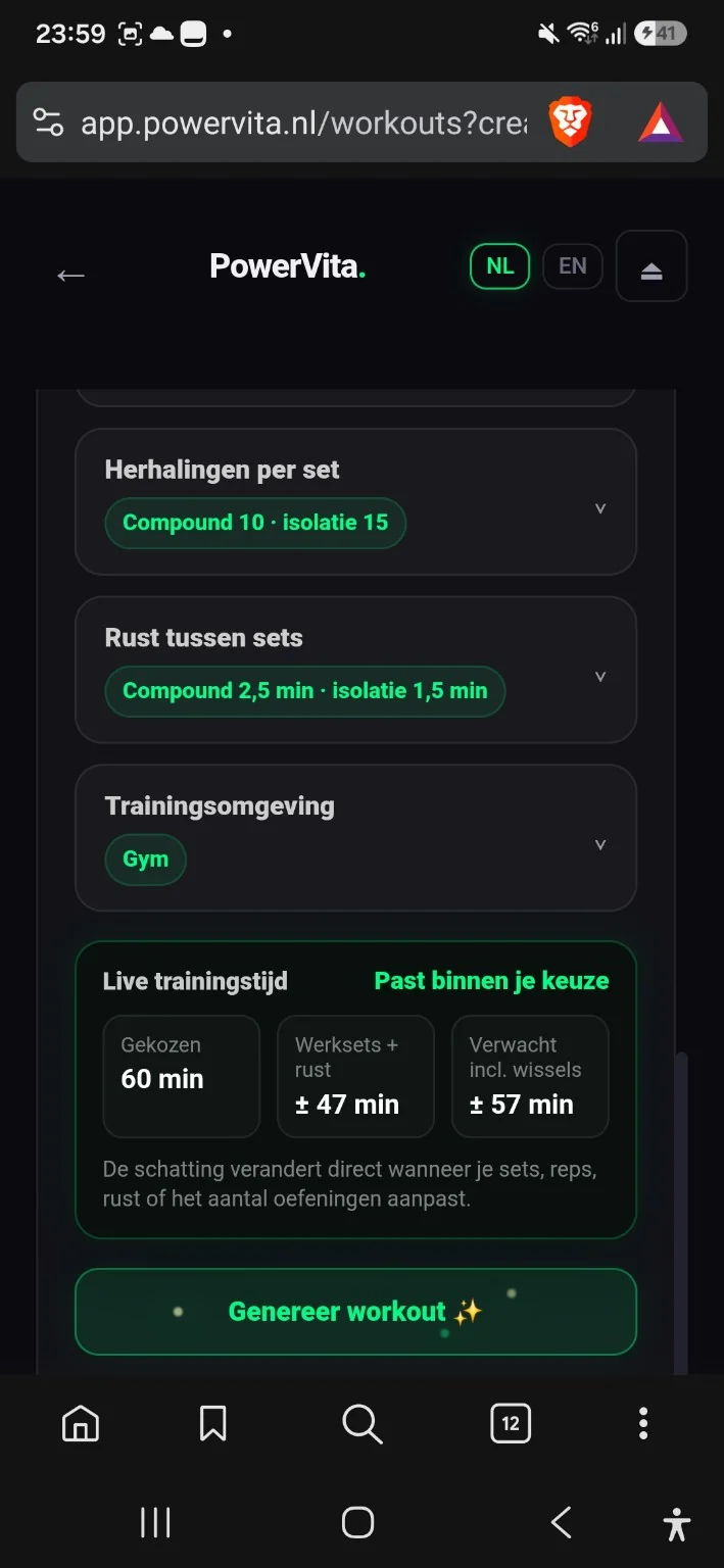 VitaMagic detailed workout settings
